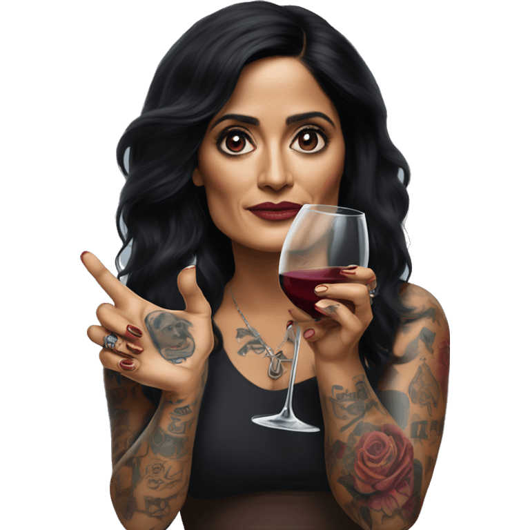 Salma Hayek, her body covered with tattoos, wine in her one hand, pointing forward with her other hand , Hyper realistic emoji