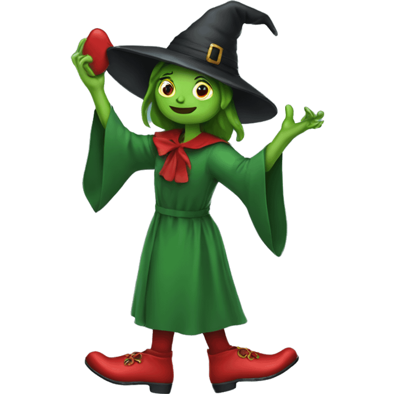 A green witch holding red slippers emoji