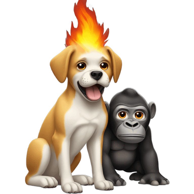 Dog breathing fire fighting a tiny gorilla with a mustache  emoji