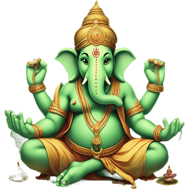 green ganesha hindu god with 4 hands, one hand with a rope, one hand with broken horn, one hand with and sphere and roght low hand in varada mudra emoji