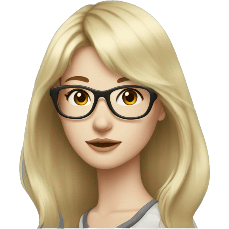 young woman, pale skin, long length dark brown wolfcut hair, glasses, blonde bangs emoji