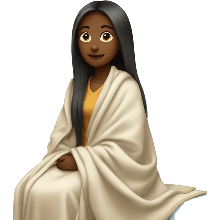 A young women with long straight hair wearing blanket around her and sitting on sofa emoji