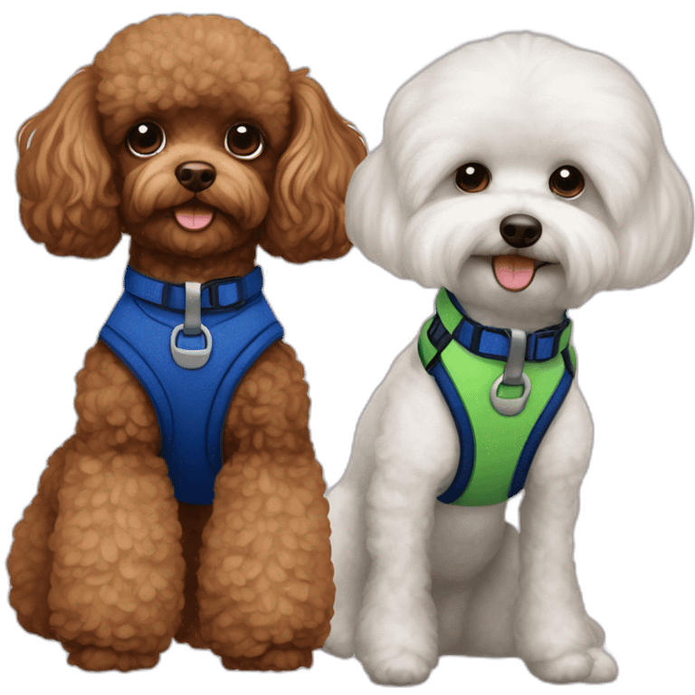 Brown toy poodle wearing dark blue harness and all white Maltese wearing green harness emoji