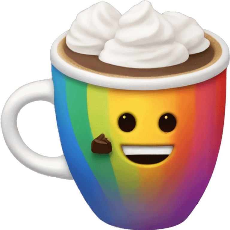 Rainbow coffee cup with hot coco and no face emoji