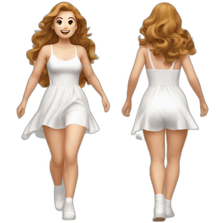 realistic full body caucasian curvy beauty jumping short dress back and front views strong wind white knickers long white socks emoji