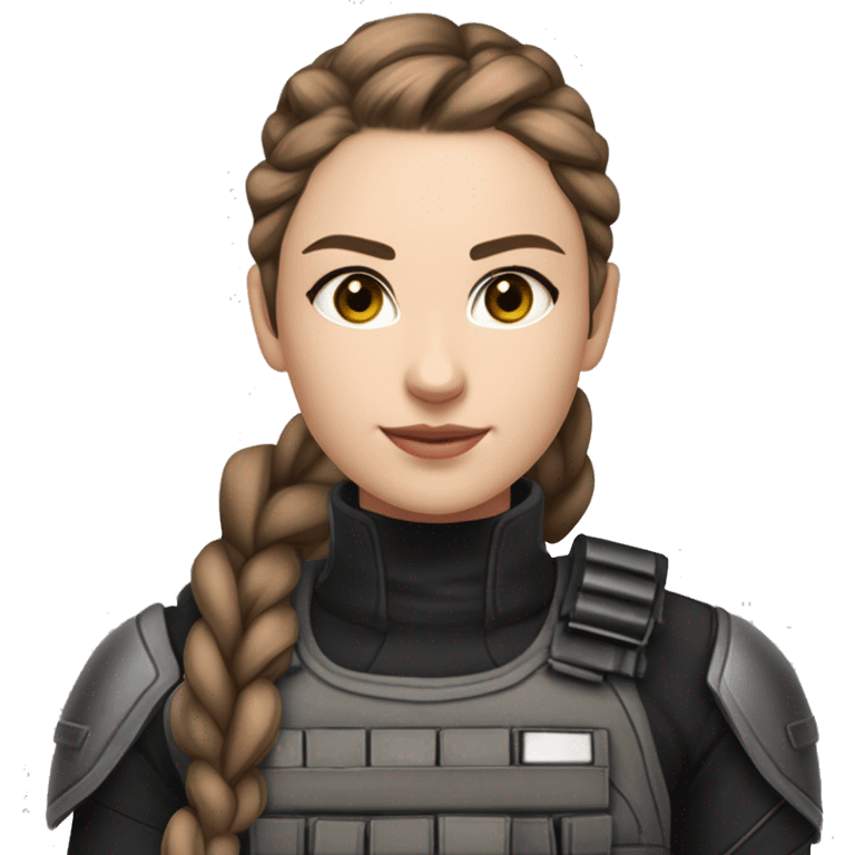 A young woman with a petite and slender build, pale, hazel eyes, and long brown hair with a silver streak, pulled back into a braid. She’s wearing black tactical battle gear. The end of her hair is white emoji