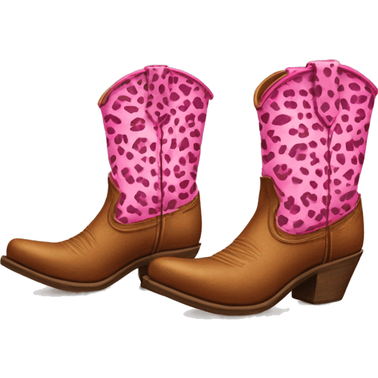 Realistic pair of isolated leather cowgirl boots with pink leopard print hearts on them. emoji