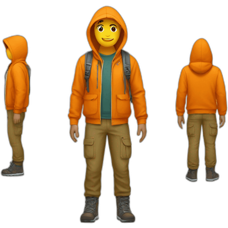 A full body hiker yellow skin and wear a orange hoodie emoji