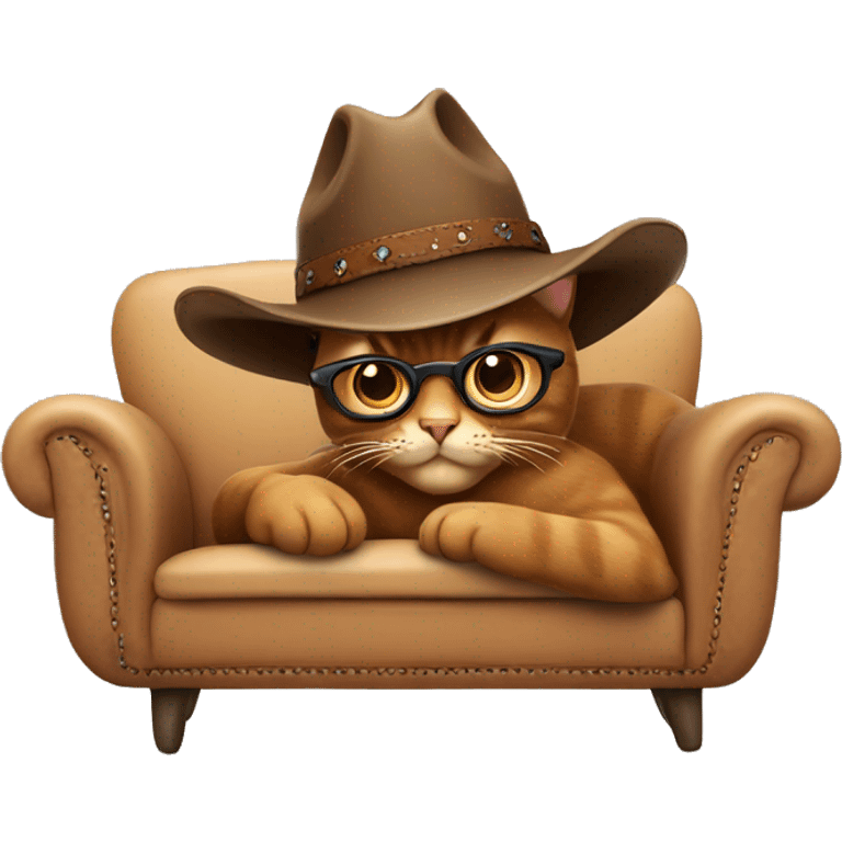 A brown cat with glasses and a cowboy hat chilling on a sofa emoji