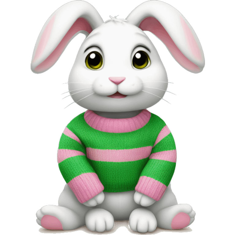 Cute rabbit is sitting wearing pink, green stripe sweater emoji