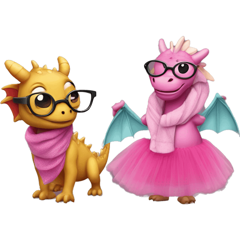 A dragon and a pink tutu with a scarf and glasses emoji