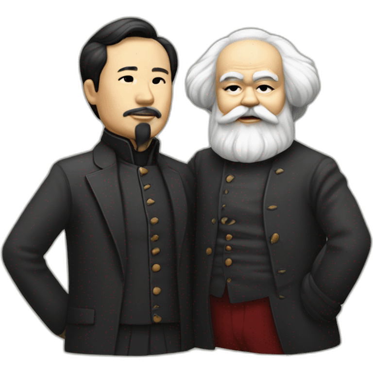 Li Hongzhi and Karl Marx, two human mentors, arm in arm，team up，rub shoulders, hooking up emoji