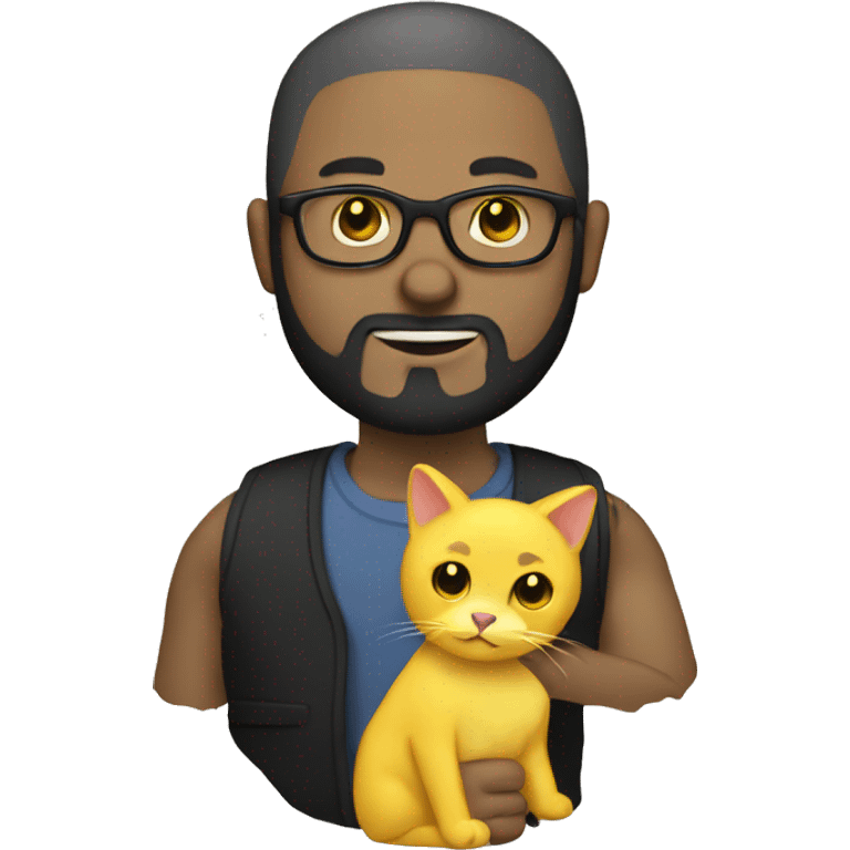 A bald man with glasses and black beard holding a yellow cat in hand emoji