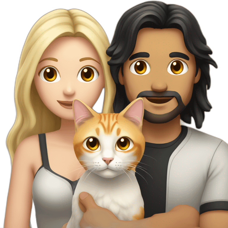 A couple consisting in a white man with long black hair and a blonde white woman holding an orange-white cat with long hair emoji