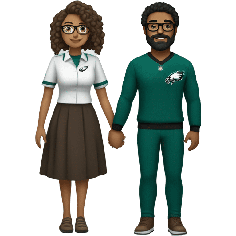 Brown guy with beard mustache and brown girl with glasses and her hair in a bun in Philadelphia eagles clothes holding hands emoji