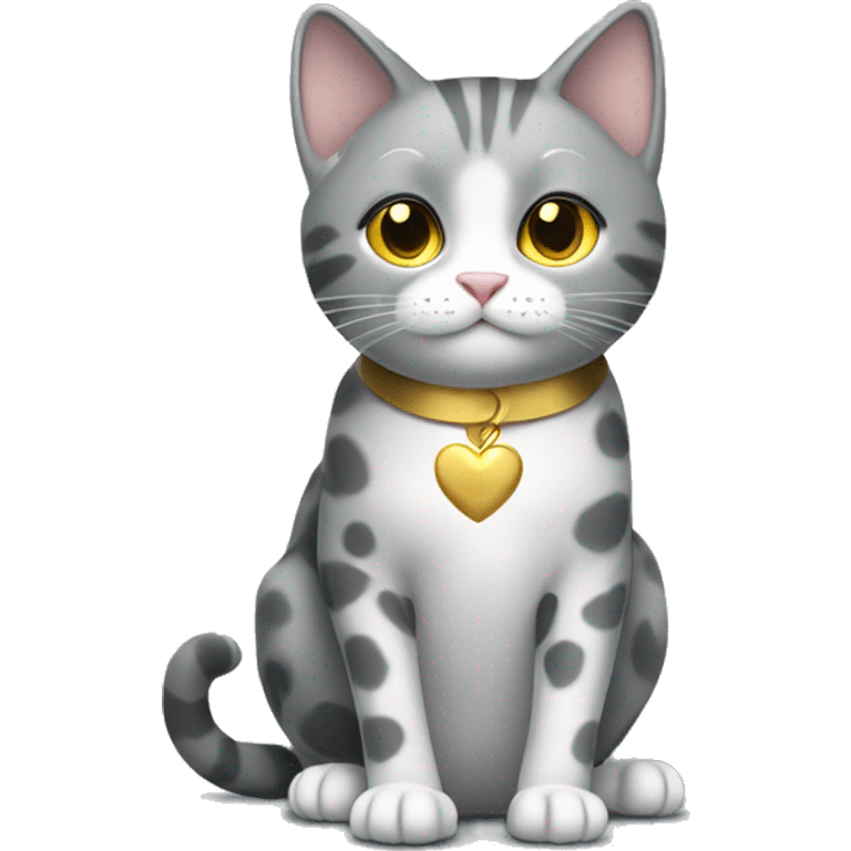 sitting grey cat with spots with golden heart collar emoji