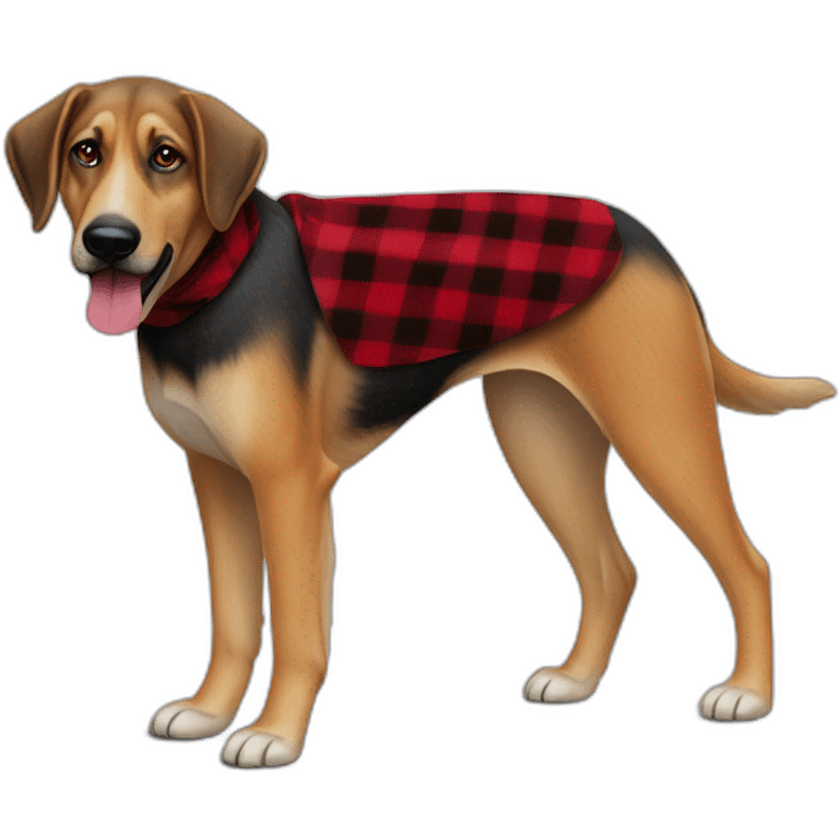 adult 75% Coonhound 25% German Shepherd mix dog with visible tail wearing small pointed red buffalo plaid bandana full body walking left quickly emoji