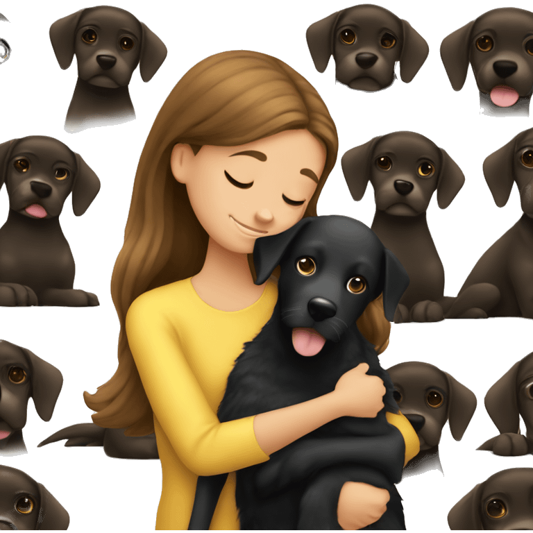 Brown haired girl hugs black bolonka dog emoji