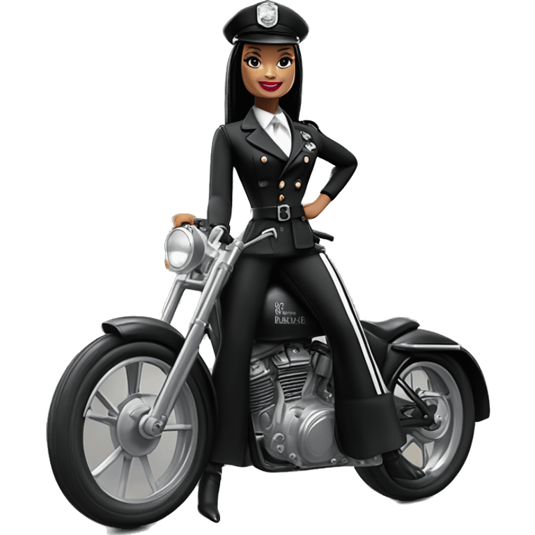 Jeffery New York Evening Gown Barbie, Wednesday Addams from academy, in vertically-striped dark-gray and black London police officer’s uniform with hat. Leaning back at the hips, riding a wheelie on a hot rod bike smiling  emoji