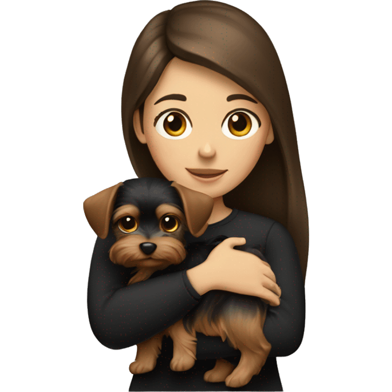 A brunette girl with long hair in a black long sleeve holds a small Yorkshire terrier puppy in her arms emoji