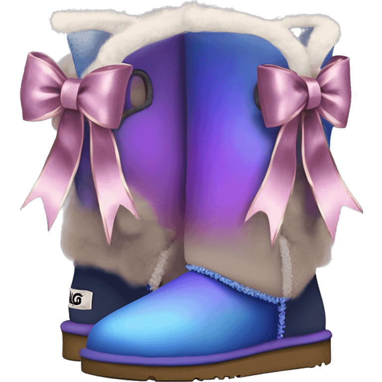 Realistic pair of blue ,purple,and taupe  ombre grunge Ugg fur boots with rose gold silk ribbon bows. emoji