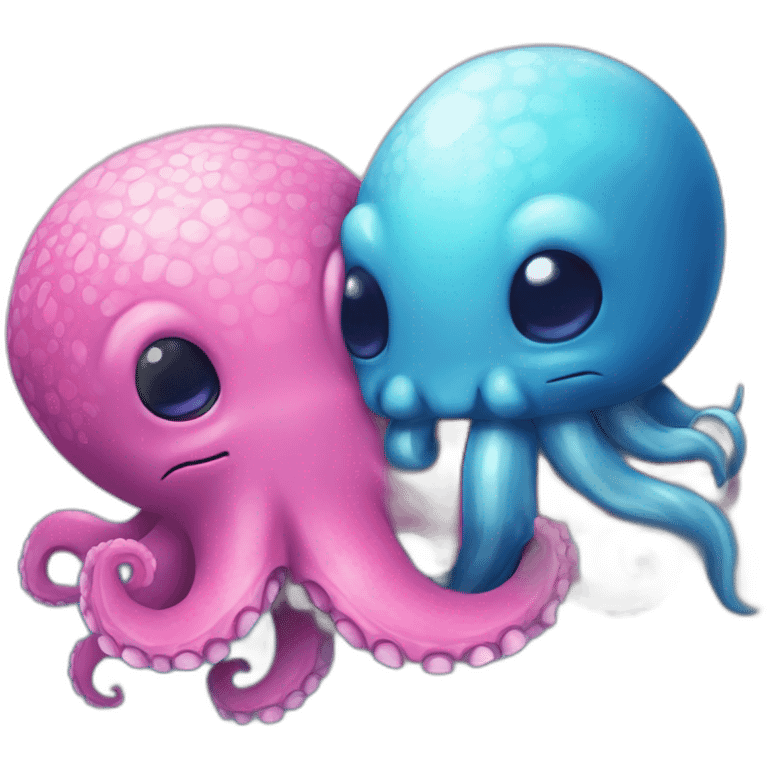 an adorable blue kraken hugging another pink kraken  adorable emoji