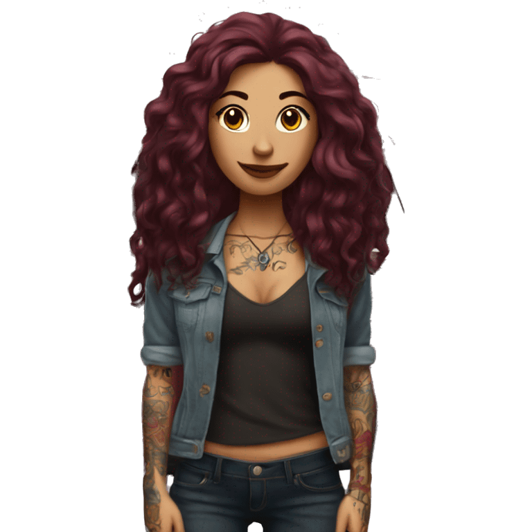 Beautiful tattooed burgundy long haired woman standing next to a car emoji