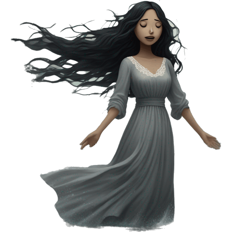 Dramatic girl soaked in water   very pale with dark lighting  with black hair  in river with very very long lace dress  black long hair flying in the wind no face  emoji