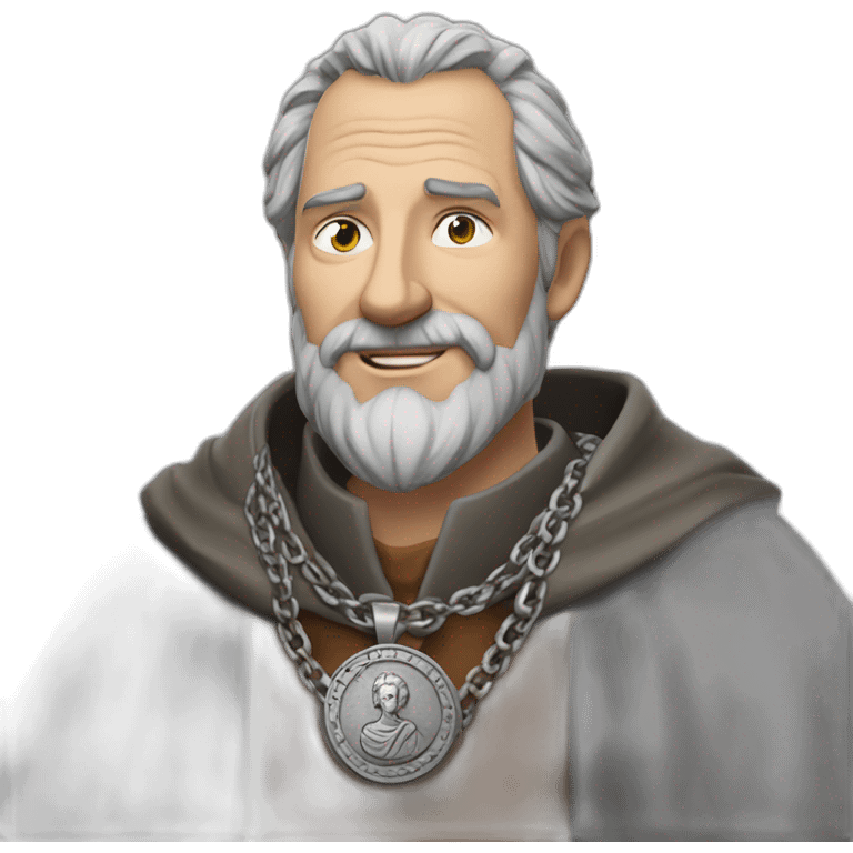 medieval coin engravers guild leader, 50 years old, grey hair, bust, has a necklace with a coin, has a coin in one hand emoji