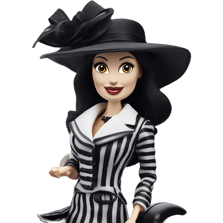 Kentucky Derby Barbie, 1910 Morticia Addams from academy, in dark-gray and black striped outfit with hat. Smiling Driving Mercedes convertible sports car. Pale-white porcelain skin.  emoji