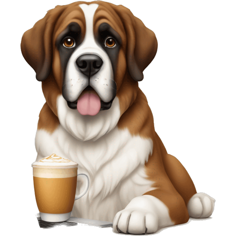 A Saint Bernard with a chai latte and a laptop emoji