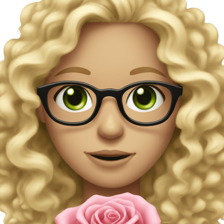 Curly blonde girl with thin pink glasses and green eyes smilling and holding rose emoji