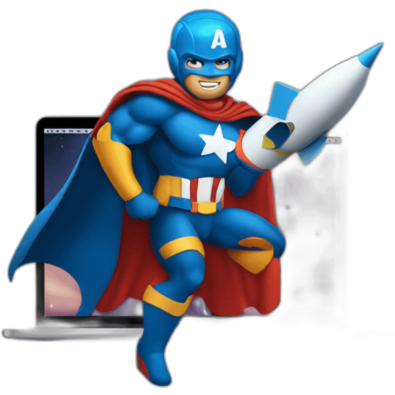 superhero with a rocket emblem sitting in front of his MacBook also with a rocket instead of an apple as the logo emoji