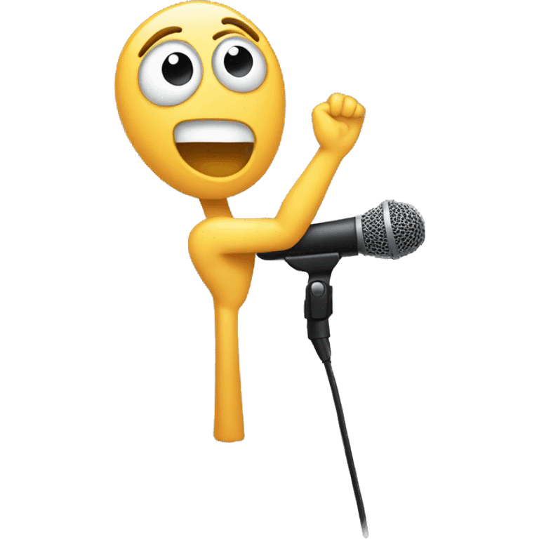 person with one arm extended, beneath a microphone emoji