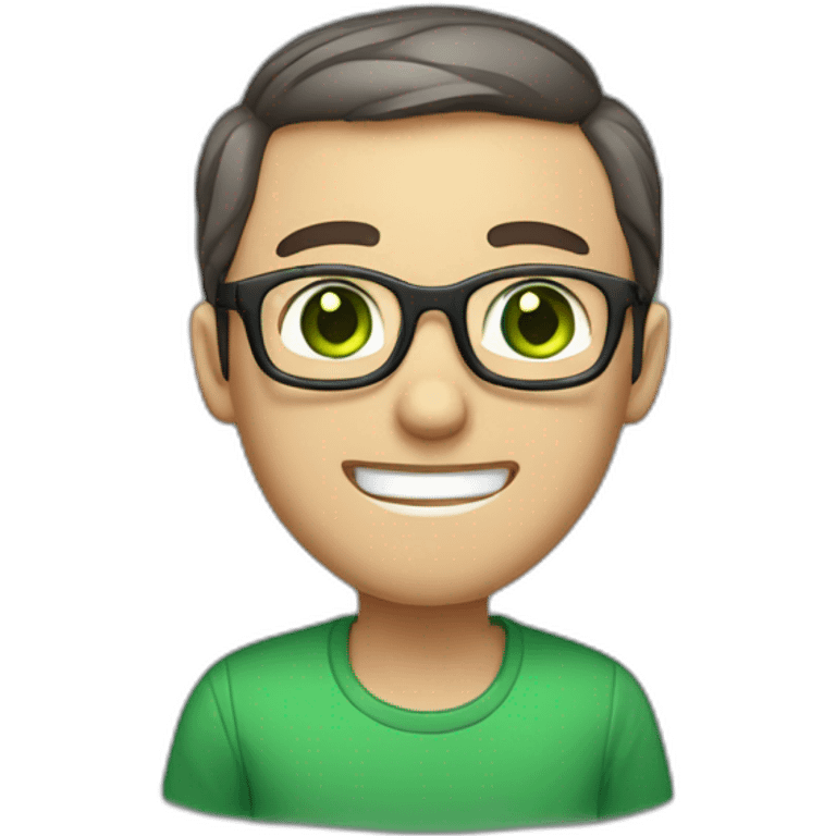 Chatty man, short hair, small thin glasses, green eyes, with dark sweet, geeky emoji