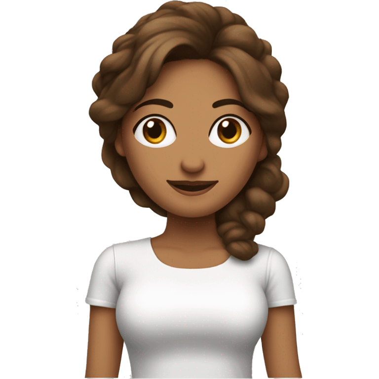 Mujer cabello marron liso a la altura de los hombros, blusa blanca con piel morena, laptop y teléfono en mano  emoji