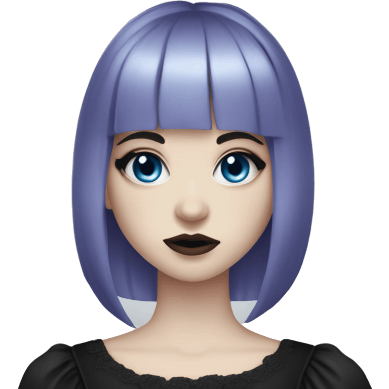 gothic girl, pale skin, blue eyes, long hair, deep purple hair, bangs, black clothes, eyeliner, upper lip beauty mark emoji