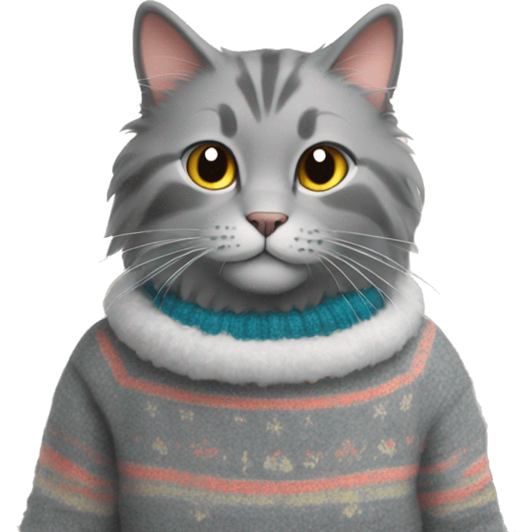 a gray fluffy cat in a New Year's sweater emoji