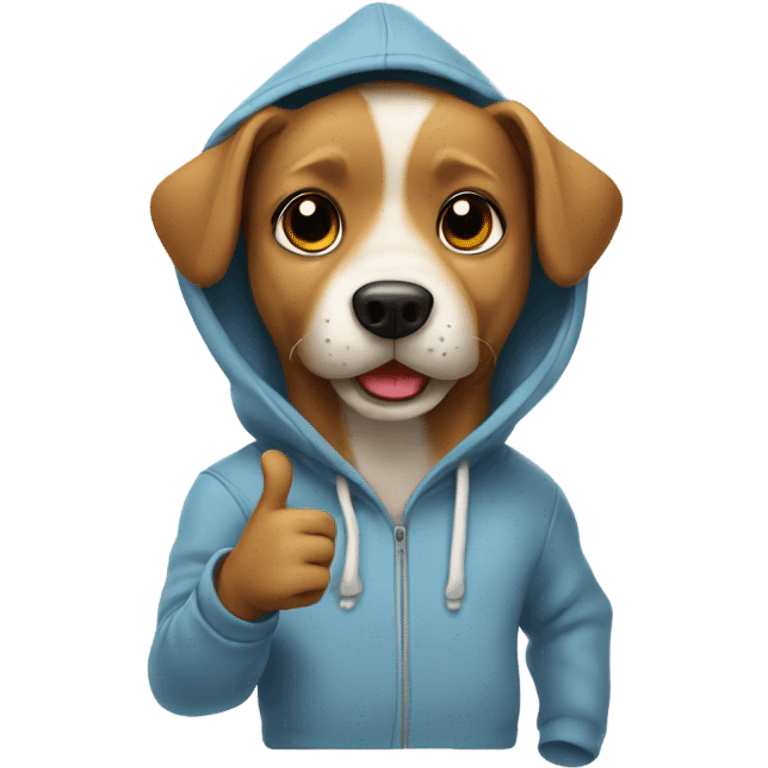 Dog wearing a hoodie with thumbs up emoji