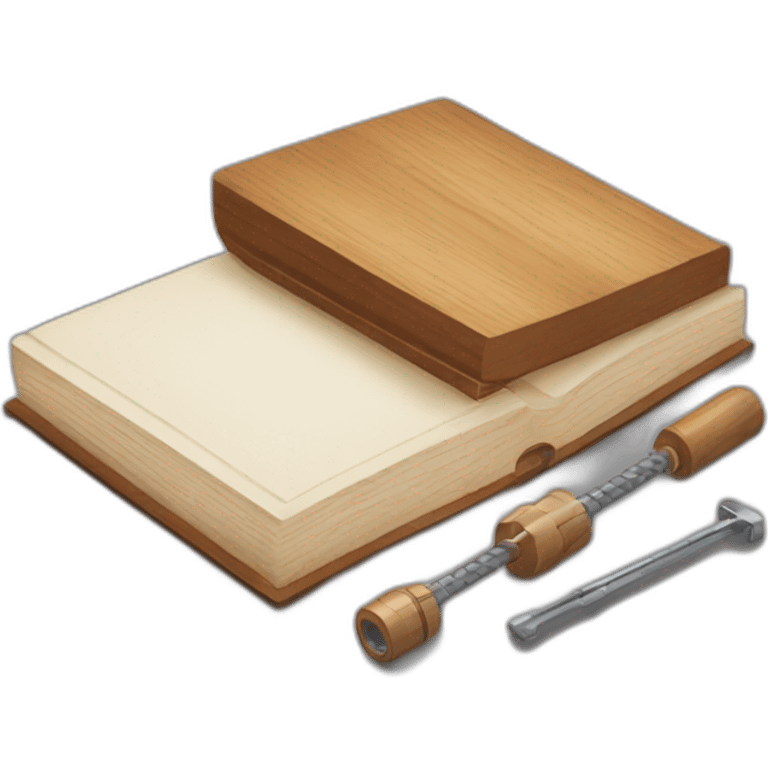 isometric BOOK with picture of wood, metal rods, fabric, tools emoji