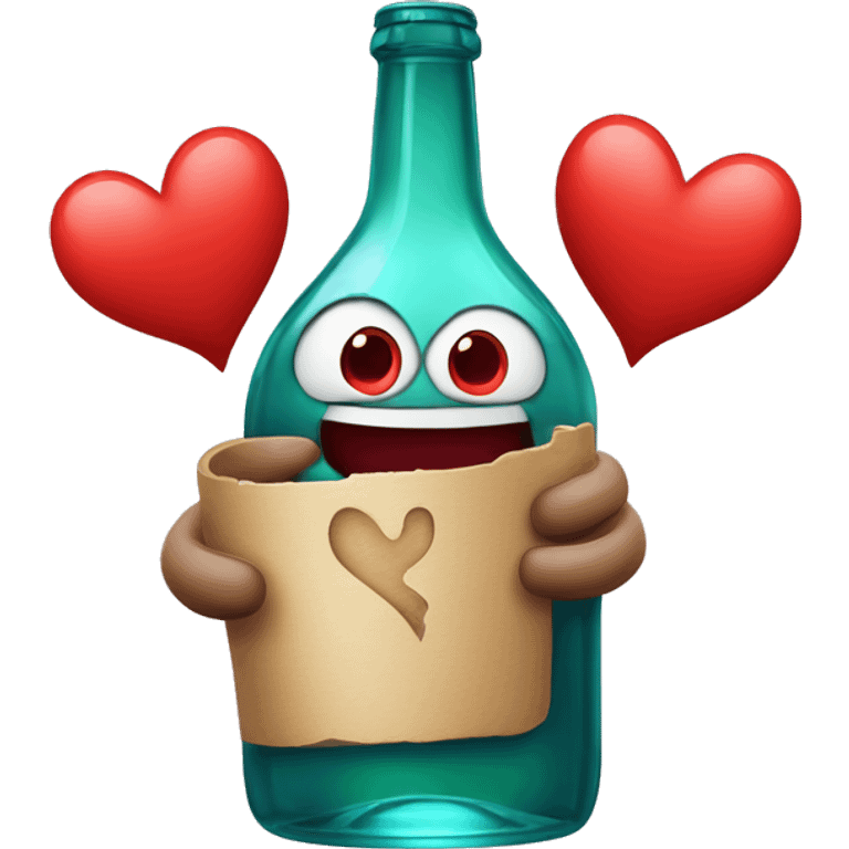 A red heart ❤️ with eyes, a mouth, and hands, tipsy and drunk, holding a bottle, looking wobbly and playful emoji