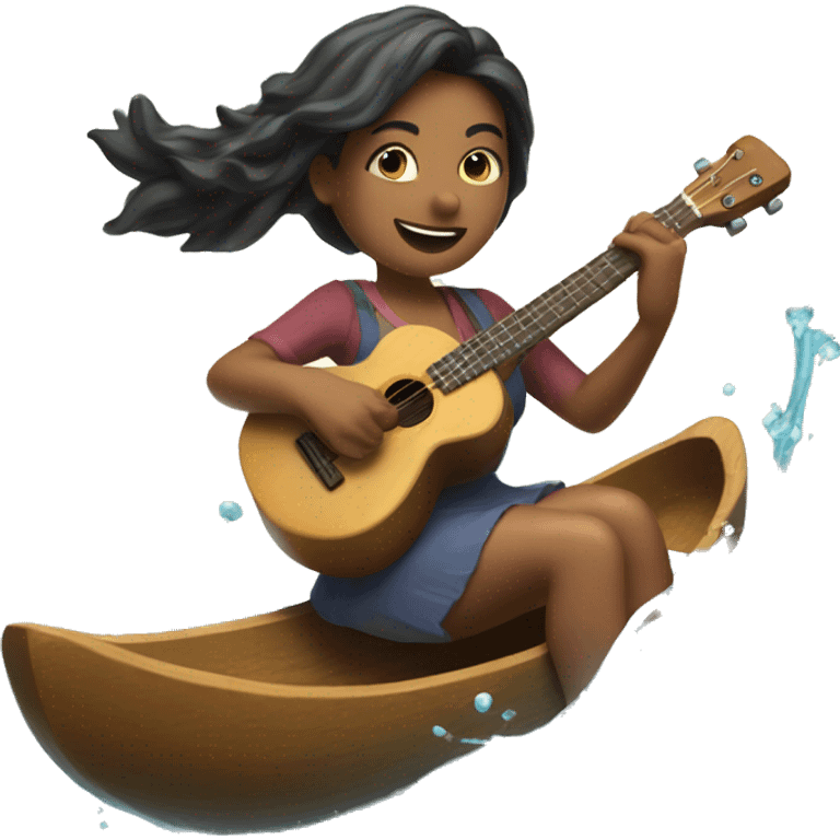 Gina riding a broom over water playing a ukulele  emoji