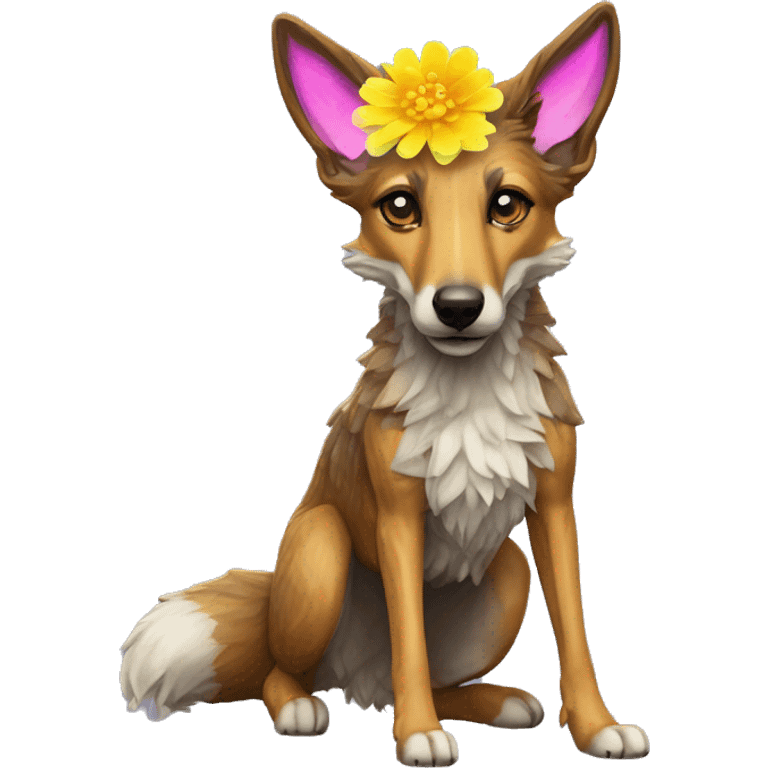  brindle fluffy lurcher Alsatian fox running blue eyes fluffy ears and iridescent holographic oilslick harness wearing paper flower crown yellow caution tape neon sign emoji