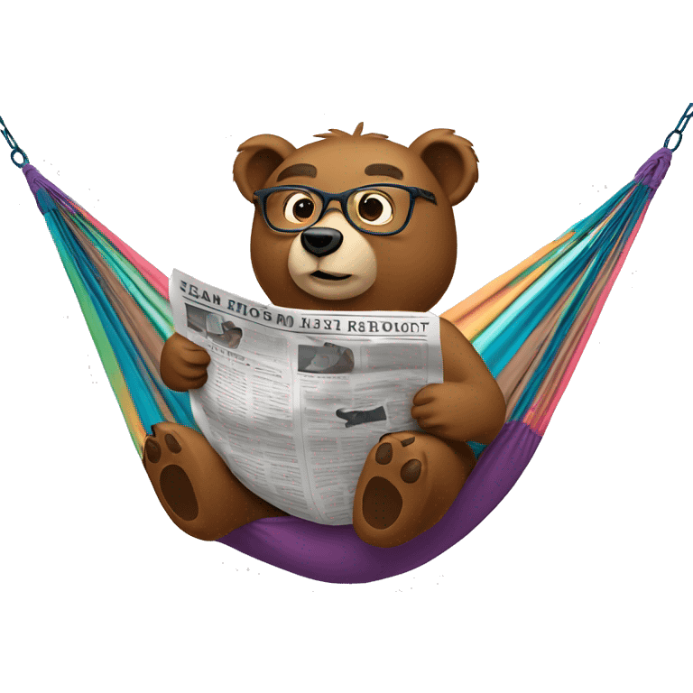 Bear relaxing on a hammock wearing glasses reading a newspaper. emoji