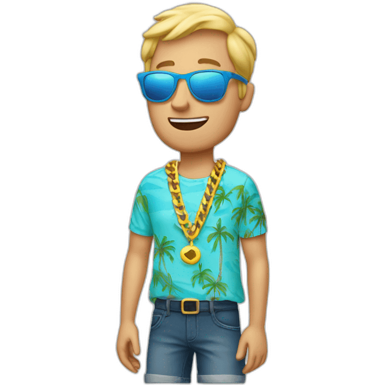 blonde white man on vacation with big golden chains and colorful shirt and sunglasses emoji