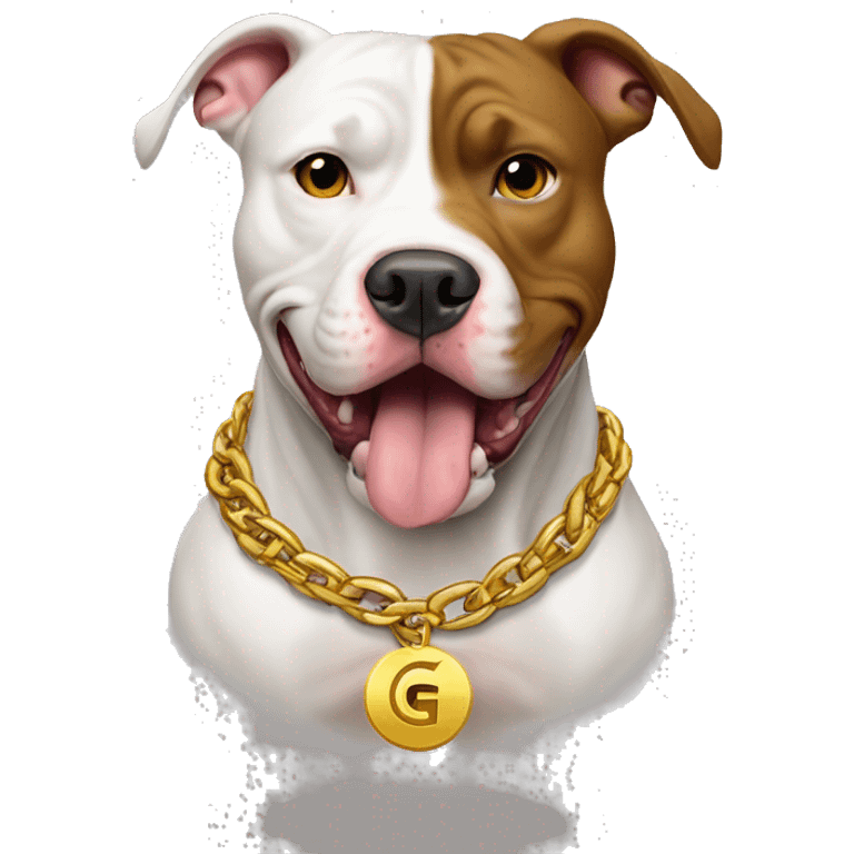 A dog pitbull with a aggressive face and wearing big gold chain on that says G emoji