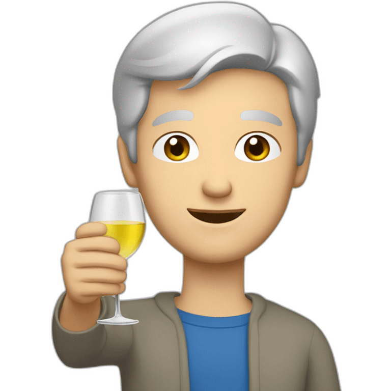 a caucasian man with blue eyes and short grey hair, toasting with a glass of white wine emoji