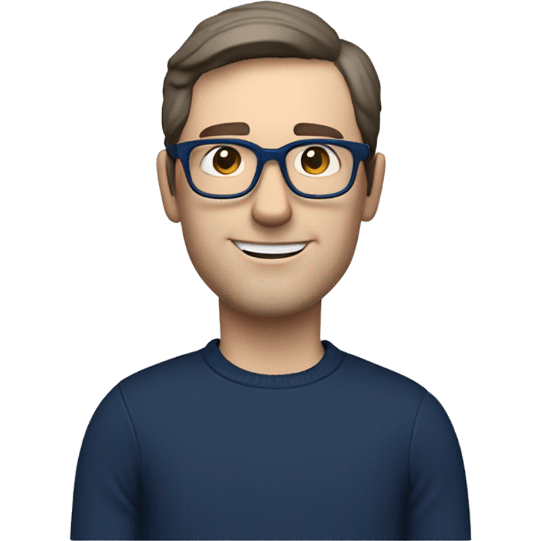 caucasian white man with dark hair, blue glasses, and carrying design plan because he is an architect carrying a pencil and a set model maquette. wearing a navy blue long sleeve sweater shirt. smart.  emoji