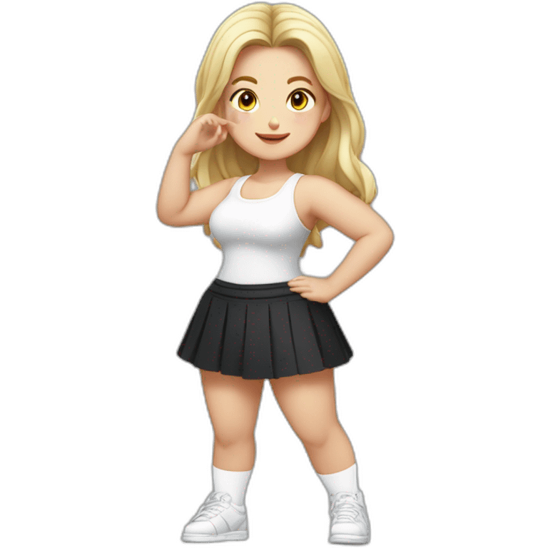 Front view full body curvy caucasian beauty squats straight hands up black skirt white knickers white socks emoji