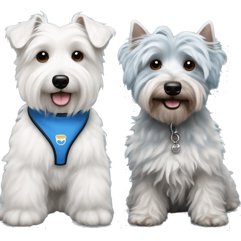 2 Dogs Side by side - one is a West Highland White Terrier and the other is a Blue Merle Miniature Poodle Mix emoji